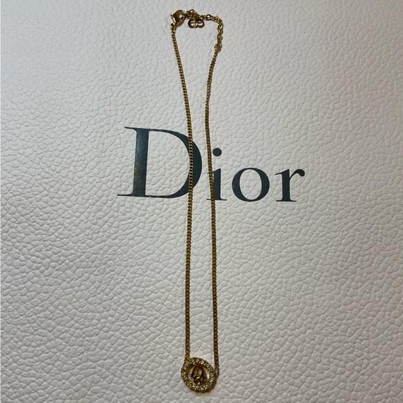 Christian Dior Gold Metal Dior Oval Logo Rhinestones Necklace 15"-17" - Picture 3 of 10